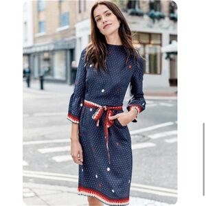 Boden Navy Polka Dot Dress with Red Trim
